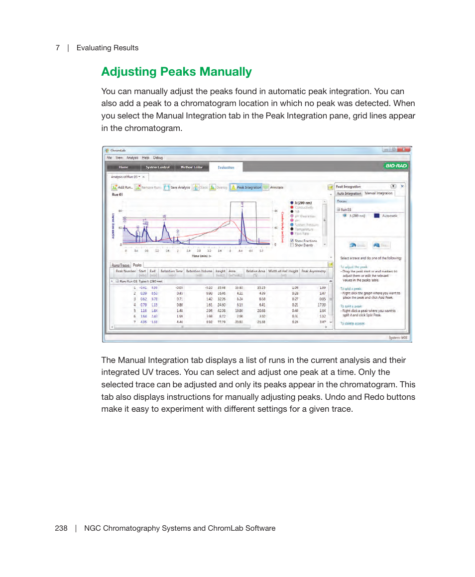 Adjusting peaks manually, Omatogram. see | Bio-Rad ChromLab™ Software User Manual | Page 240 / 300