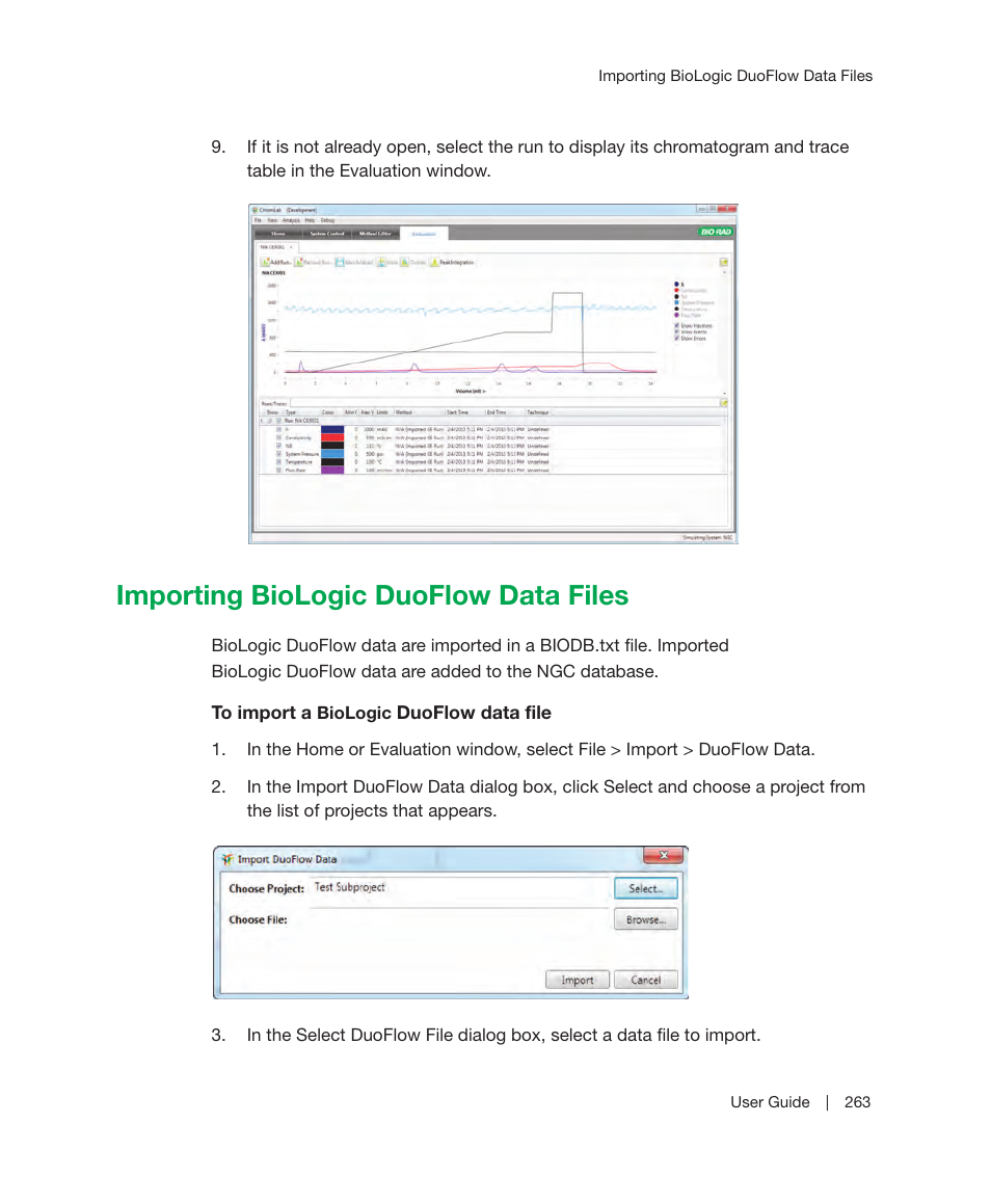 Importing biologic duoflow data files, Duoflow™ data file into the ngc database. see, Importing biologic | Into the ngc database. see | Bio-Rad ChromLab™ Software User Manual | Page 265 / 300