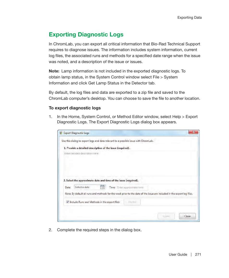 Exporting diagnostic logs, Choose. see | Bio-Rad ChromLab™ Software User Manual | Page 273 / 300