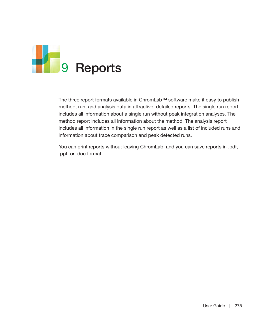 9 reports, Chapter 9, Reports | Chapter 9, reports, 9reports | Bio-Rad ChromLab™ Software User Manual | Page 277 / 300