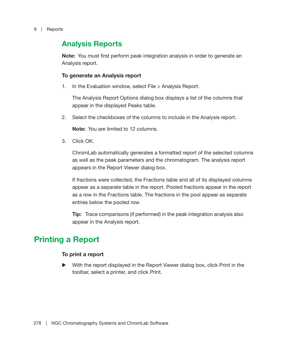 Analysis reports, Printing a report | Bio-Rad ChromLab™ Software User Manual | Page 280 / 300