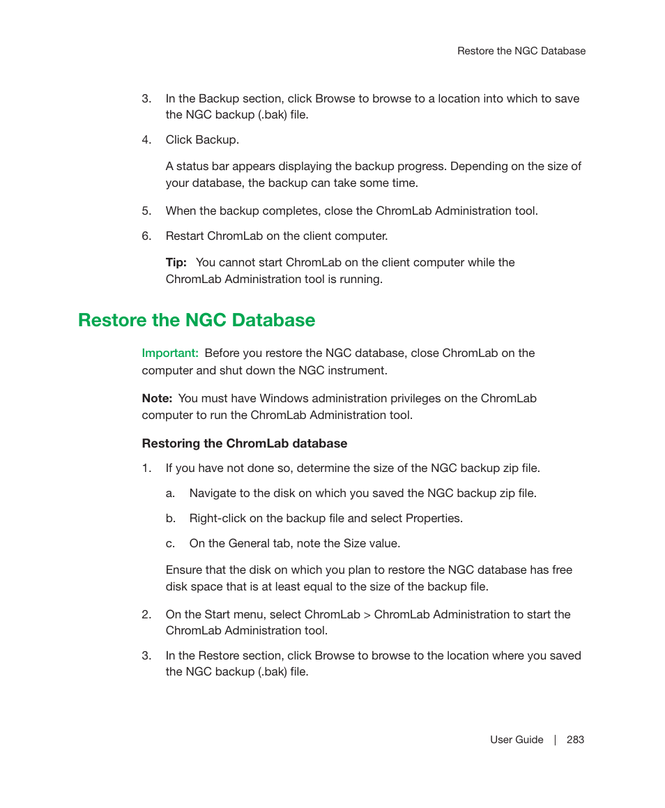 Restore the ngc database | Bio-Rad ChromLab™ Software User Manual | Page 285 / 300