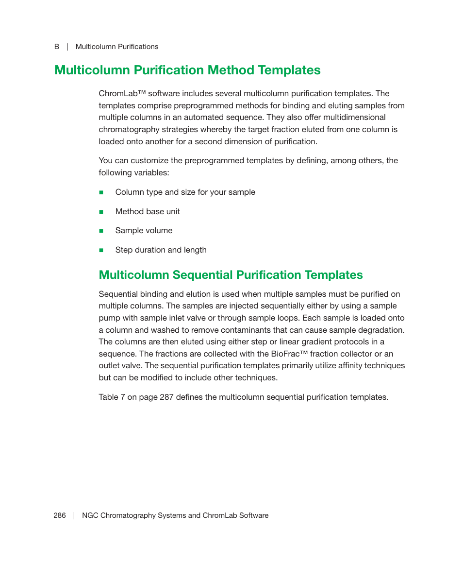 Multicolumn purification method templates, Multicolumn sequential purification templates | Bio-Rad ChromLab™ Software User Manual | Page 288 / 300