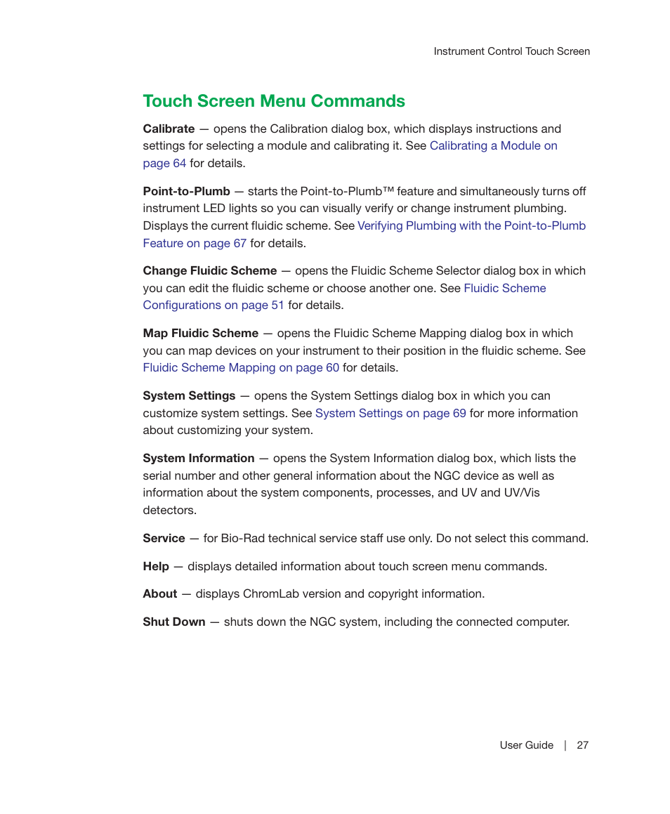 Touch screen menu commands | Bio-Rad ChromLab™ Software User Manual | Page 29 / 300