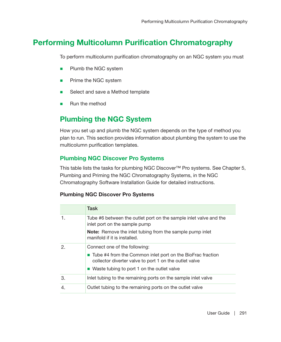 Performing multicolumn purification chromatography, Plumbing the ngc system, Plumbing ngc discover pro systems | Bio-Rad ChromLab™ Software User Manual | Page 293 / 300