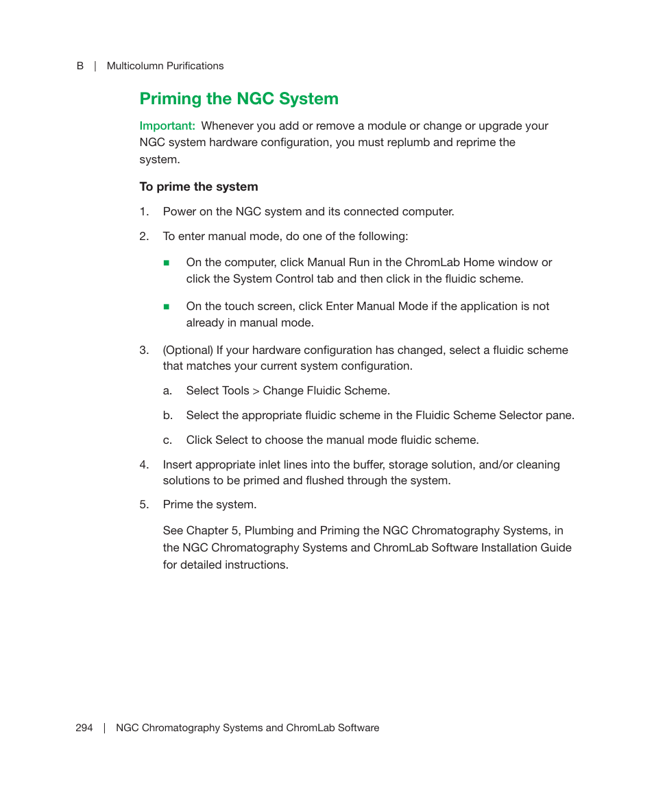 Priming the ngc system | Bio-Rad ChromLab™ Software User Manual | Page 296 / 300