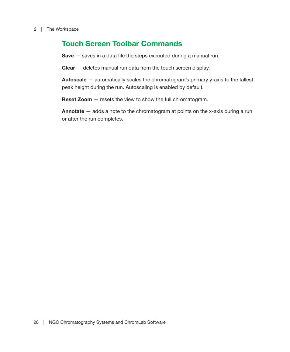 Touch screen toolbar commands | Bio-Rad ChromLab™ Software User Manual | Page 30 / 300