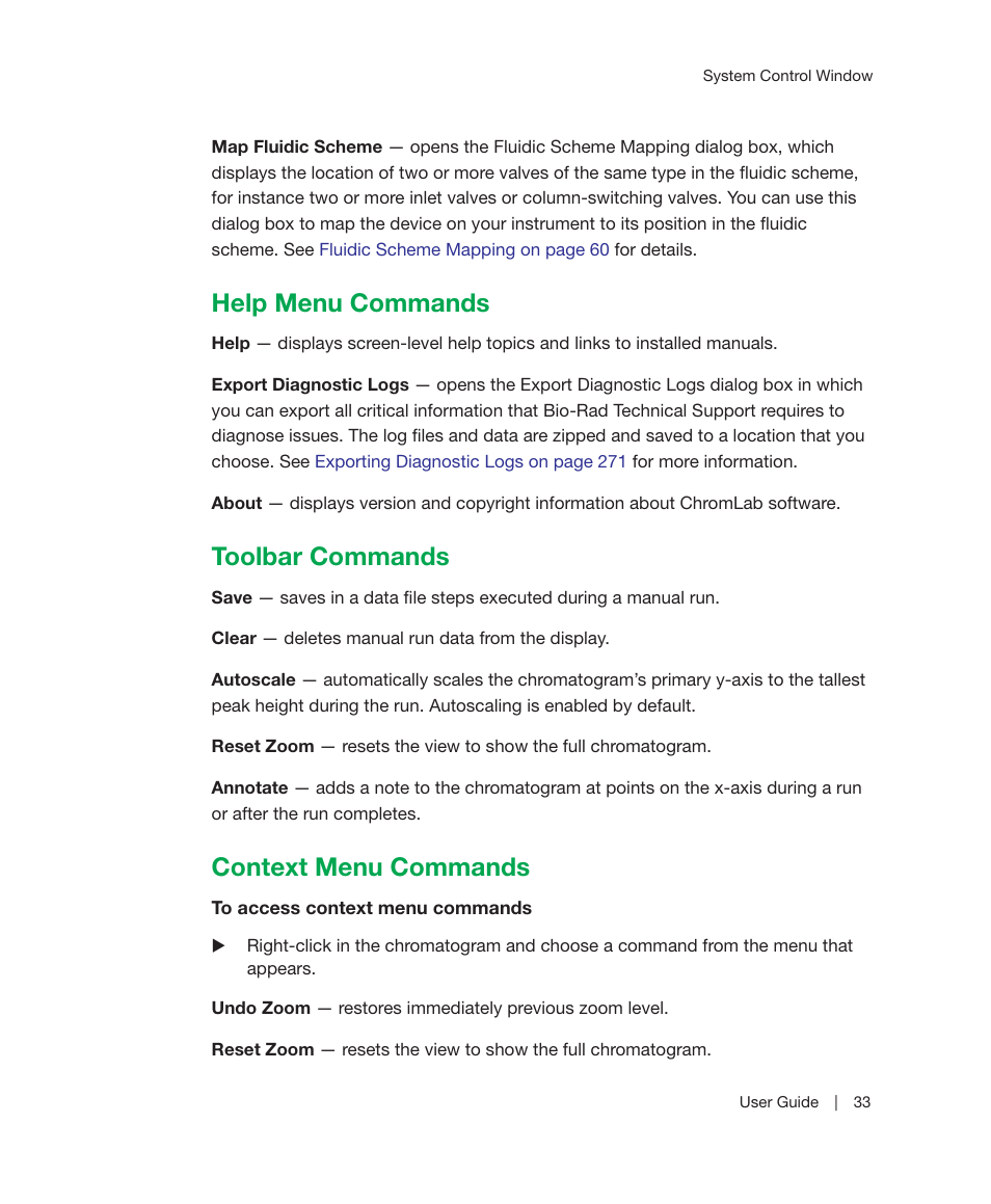 Help menu commands, Toolbar commands, Context menu commands | Bio-Rad ChromLab™ Software User Manual | Page 35 / 300