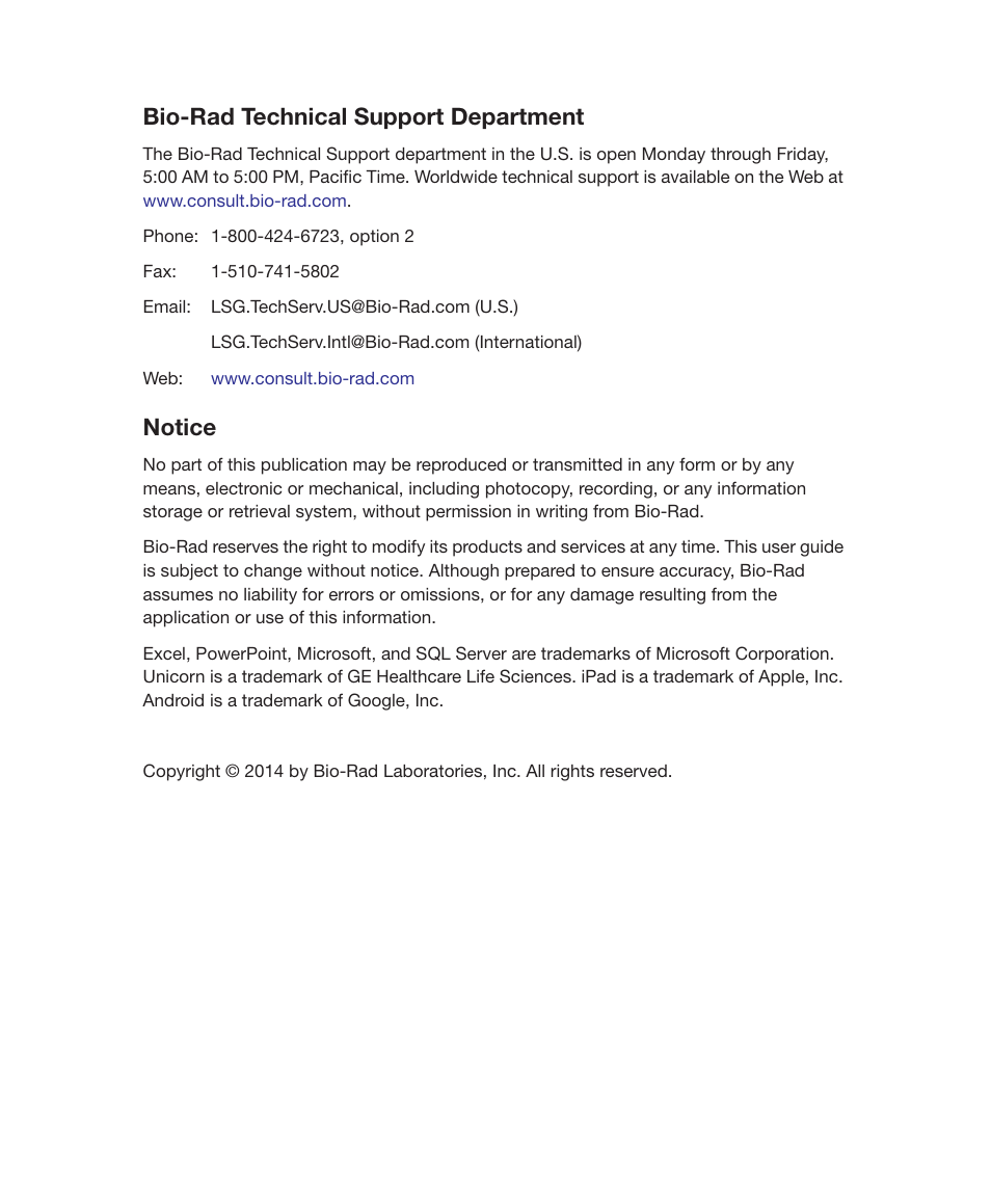 Bio-rad technical support department, Notice | Bio-Rad ChromLab™ Software User Manual | Page 4 / 300