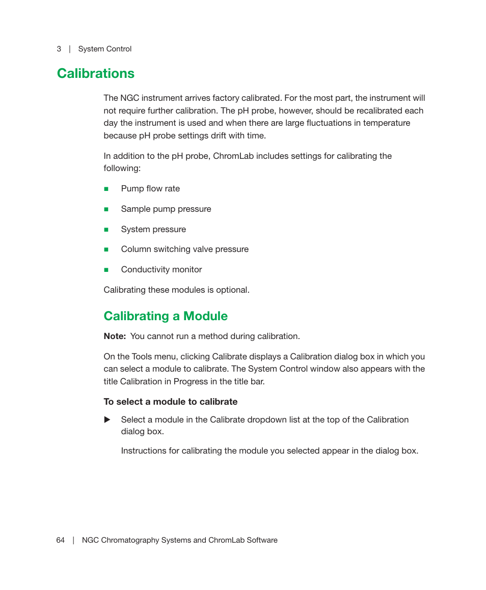 Calibrations, Calibrating a module, Calibrating a module on | Bio-Rad ChromLab™ Software User Manual | Page 66 / 300