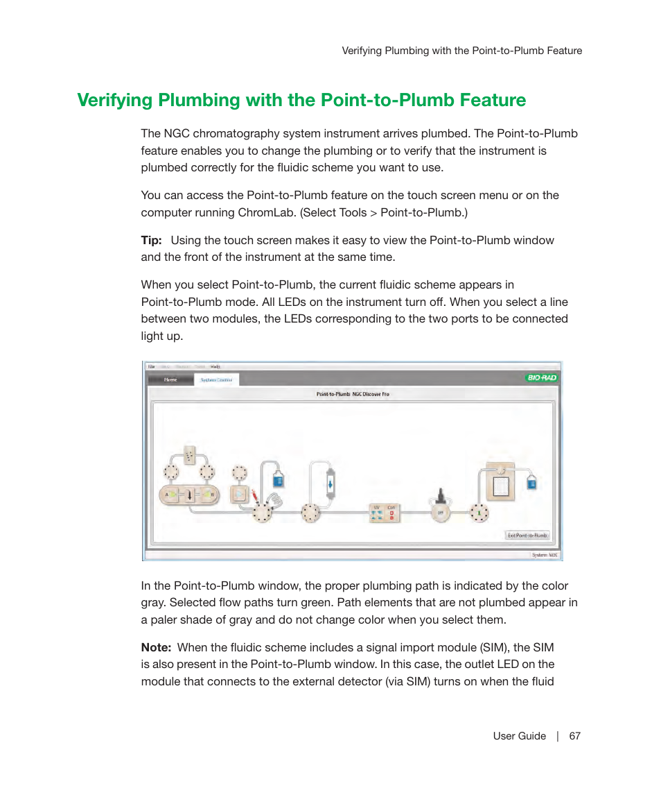 Verifying plumbing with the point-to-plumb feature, Ent fluidic scheme. see, Verifying plumbing with the point-to-plumb | For details, Ports to be connected. see | Bio-Rad ChromLab™ Software User Manual | Page 69 / 300