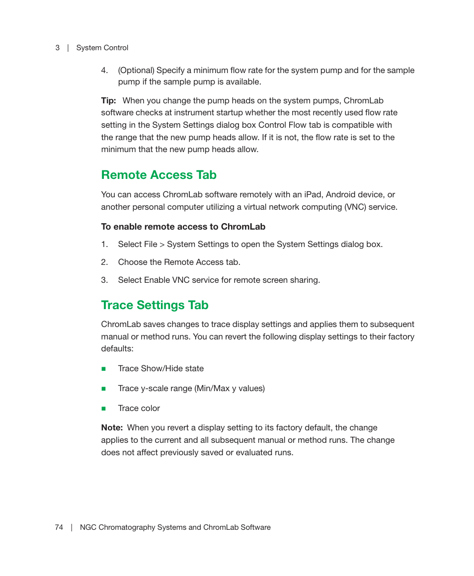 Remote access tab, Trace settings tab, Remote access tab trace settings tab | Bio-Rad ChromLab™ Software User Manual | Page 76 / 300
