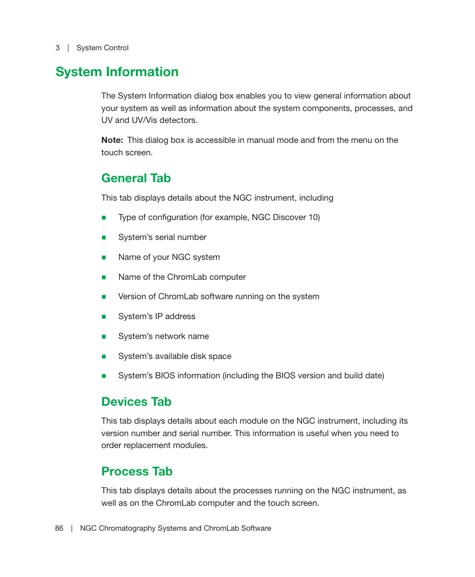 System information, General tab, Devices tab | Process tab, General tab devices tab process tab | Bio-Rad ChromLab™ Software User Manual | Page 88 / 300