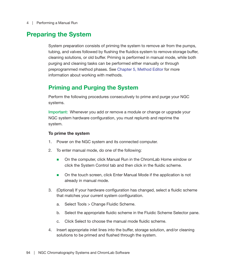 Preparing the system, Priming and purging the system | Bio-Rad ChromLab™ Software User Manual | Page 96 / 300