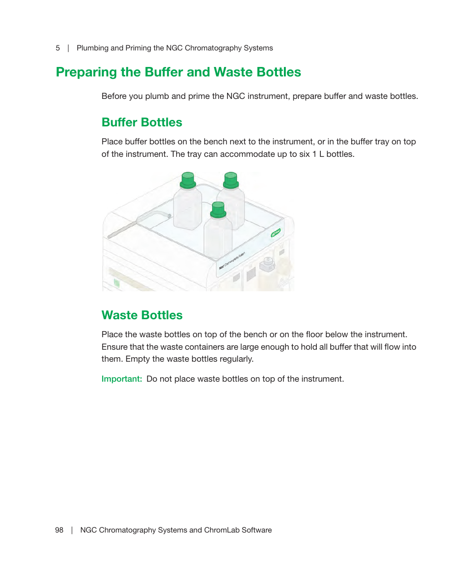 Preparing the buffer and waste bottles, Buffer bottles, Waste bottles | Buffer bottles waste bottles | Bio-Rad ChromLab™ Software User Manual | Page 100 / 178