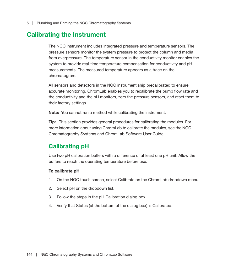 Calibrating the instrument, Calibrating ph | Bio-Rad ChromLab™ Software User Manual | Page 146 / 178