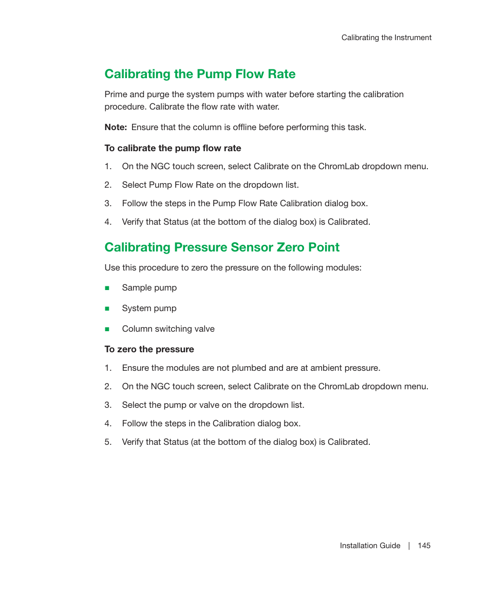 Calibrating the pump flow rate, Calibrating pressure sensor zero point | Bio-Rad ChromLab™ Software User Manual | Page 147 / 178
