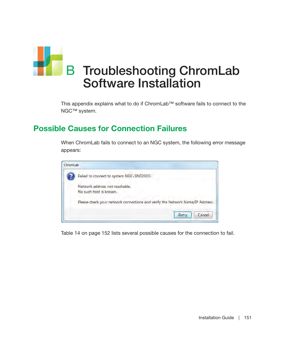 B troubleshooting chromlab software installation, Possible causes for connection failures, Appendix b | Troubleshooting chromlab software, Installation, Troubleshooting chromlab software installation, For mor | Bio-Rad ChromLab™ Software User Manual | Page 153 / 178