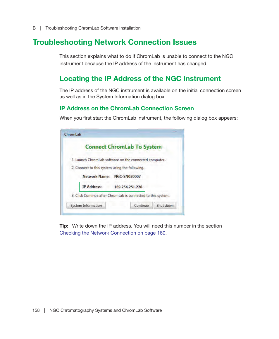 Troubleshooting network connection issues, Locating the ip address of the ngc instrument, Troubleshooting network | Chromlab functions correctly. see, Troubleshooting network connection | Bio-Rad ChromLab™ Software User Manual | Page 160 / 178