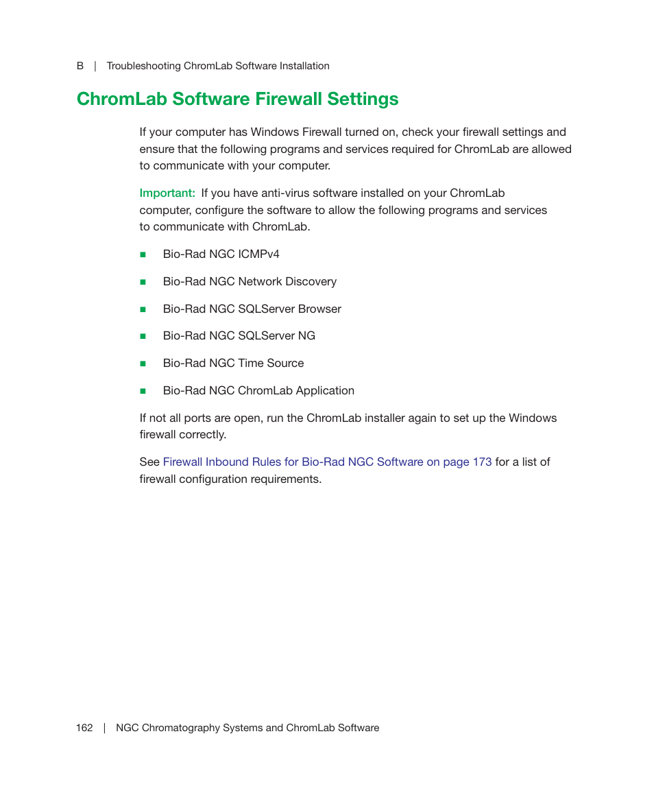 Chromlab software firewall settings, Chromlab software firewall | Bio-Rad ChromLab™ Software User Manual | Page 164 / 178