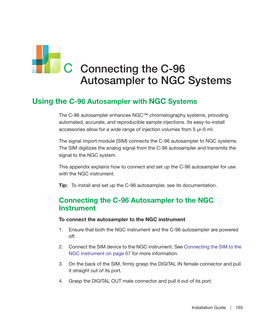 C connecting the c-96 autosampler to ngc systems, Using the c-96 autosampler with ngc systems, Appendix c | Connecting the c-96 autosampler to, Ngc systems, Connecting the c-96 autosampler to ngc systems, Using the, C-96 autosampler with, Systems | Bio-Rad ChromLab™ Software User Manual | Page 167 / 178