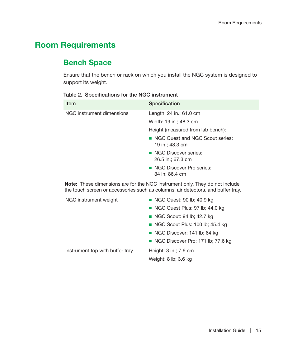 Room requirements, Bench space | Bio-Rad ChromLab™ Software User Manual | Page 17 / 178