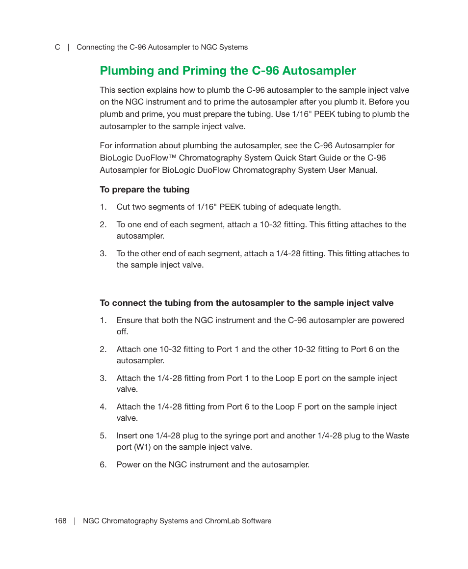 Plumbing and priming the c-96 autosampler | Bio-Rad ChromLab™ Software User Manual | Page 170 / 178