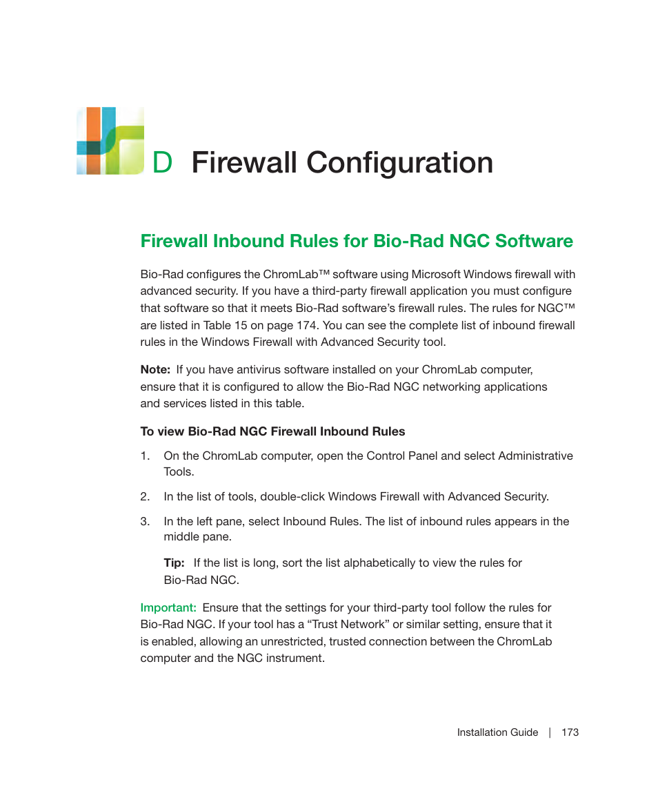 D firewall configuration, Firewall inbound rules for bio-rad ngc software, Appendix d | Firewall configuration, Services. see also, Dfirewall configuration | Bio-Rad ChromLab™ Software User Manual | Page 175 / 178