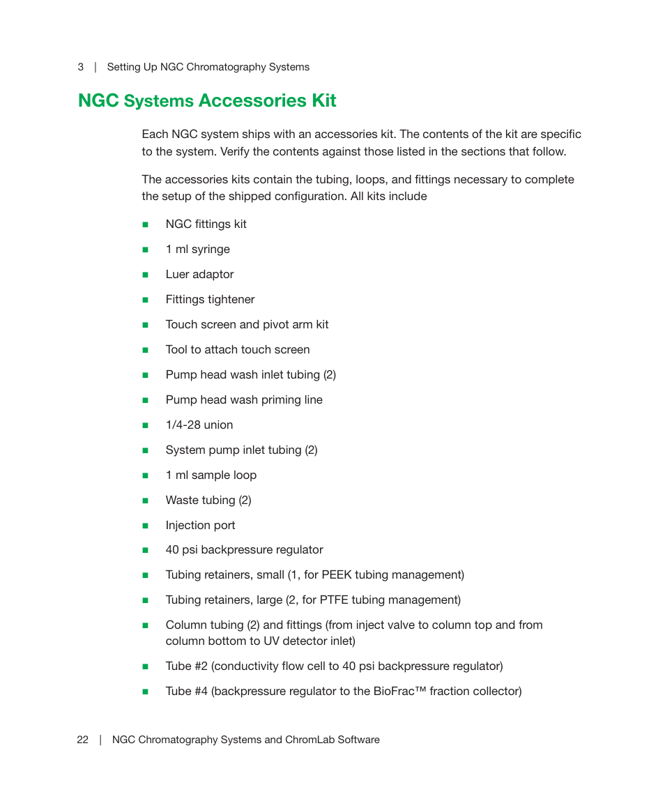 Ngc systems accessories kit, Accessories kit, Systems | Bio-Rad ChromLab™ Software User Manual | Page 24 / 178