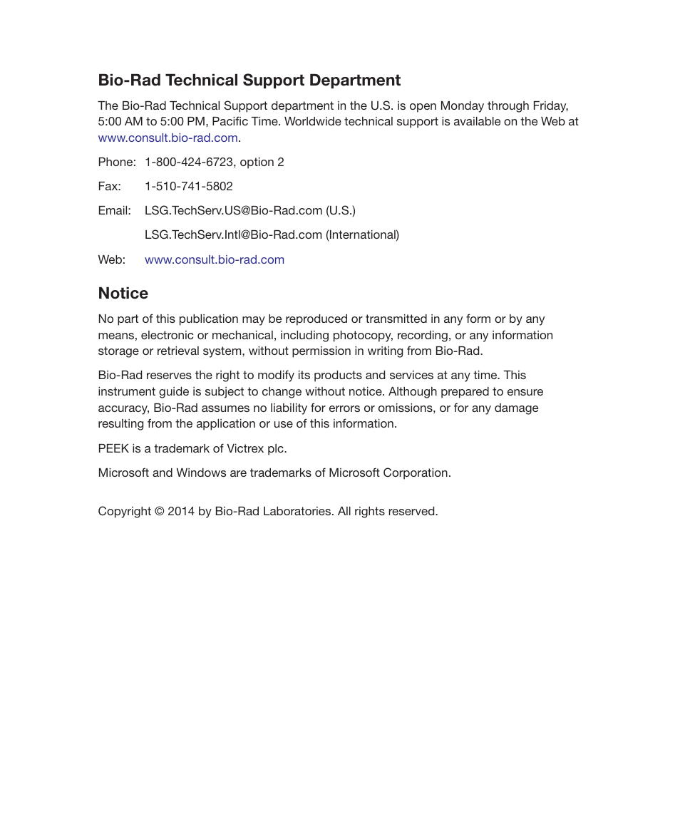 Bio-rad technical support department, Notice | Bio-Rad ChromLab™ Software User Manual | Page 4 / 178