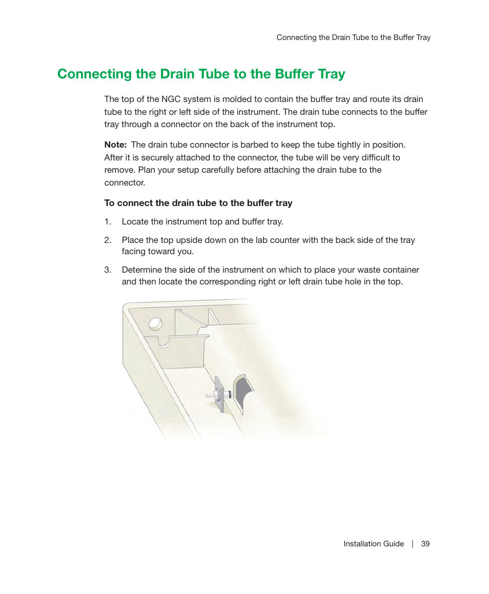 Connecting the drain tube to the buffer tray | Bio-Rad ChromLab™ Software User Manual | Page 41 / 178