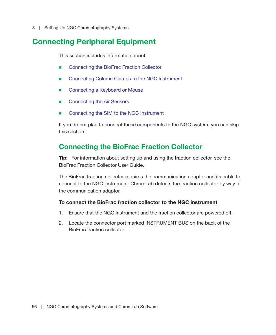 Connecting peripheral equipment, Connecting the biofrac fraction collector | Bio-Rad ChromLab™ Software User Manual | Page 58 / 178