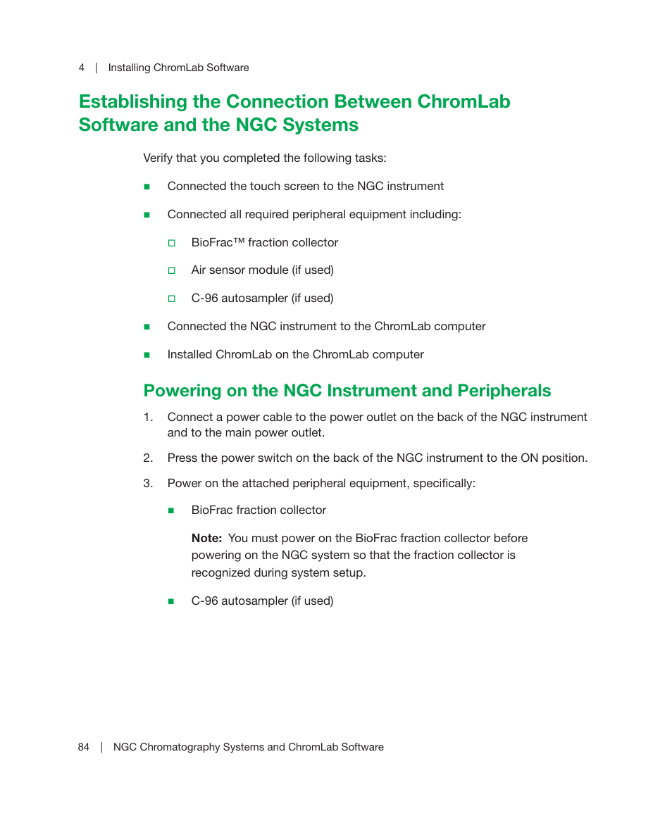 Powering on the ngc instrument and peripherals | Bio-Rad ChromLab™ Software User Manual | Page 86 / 178