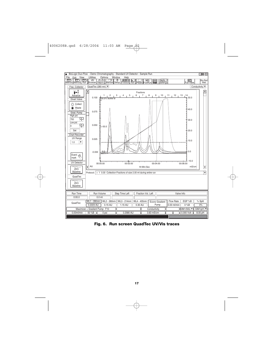 Fig. 6. run screen quadtec uv/vis traces | Bio-Rad BioLogic DuoFlow Pathfinder 80 System DuoFlow Chromatography System Starter Kit User Manual | Page 20 / 40
