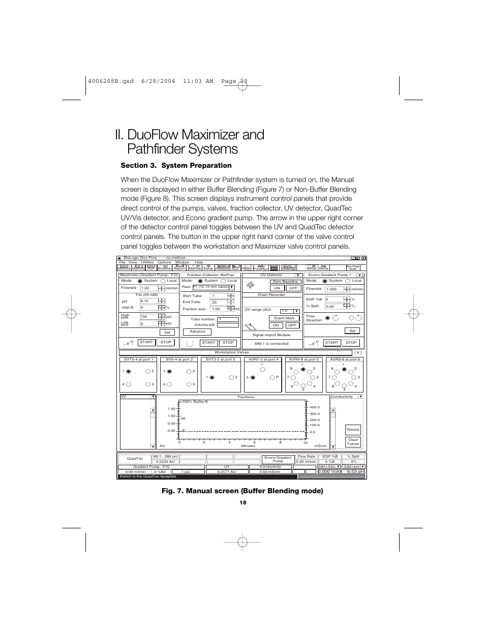 Ii. duoflow maximizer and pathfinder systems, Fig. 7. manual screen (buffer blending mode) | Bio-Rad BioLogic DuoFlow Pathfinder 80 System DuoFlow Chromatography System Starter Kit User Manual | Page 21 / 40