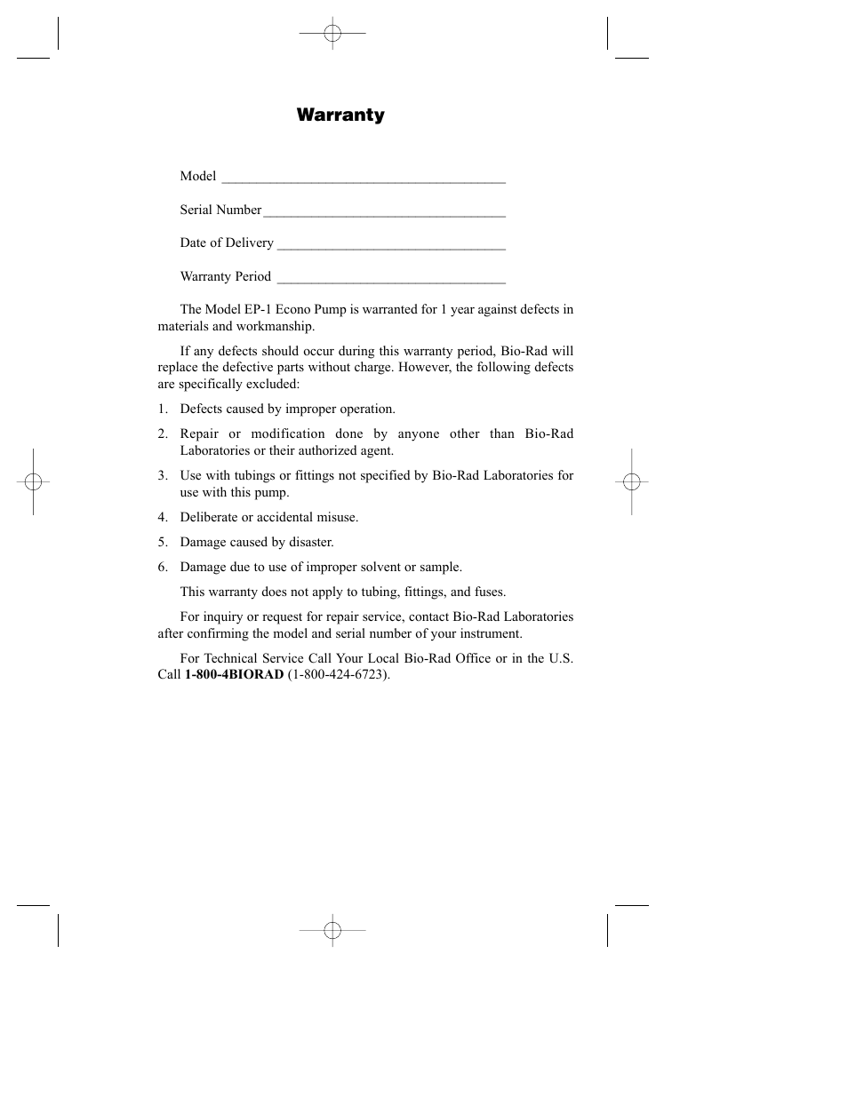 Warranty | Bio-Rad Model EP-1 Econo Pump User Manual | Page 2 / 27