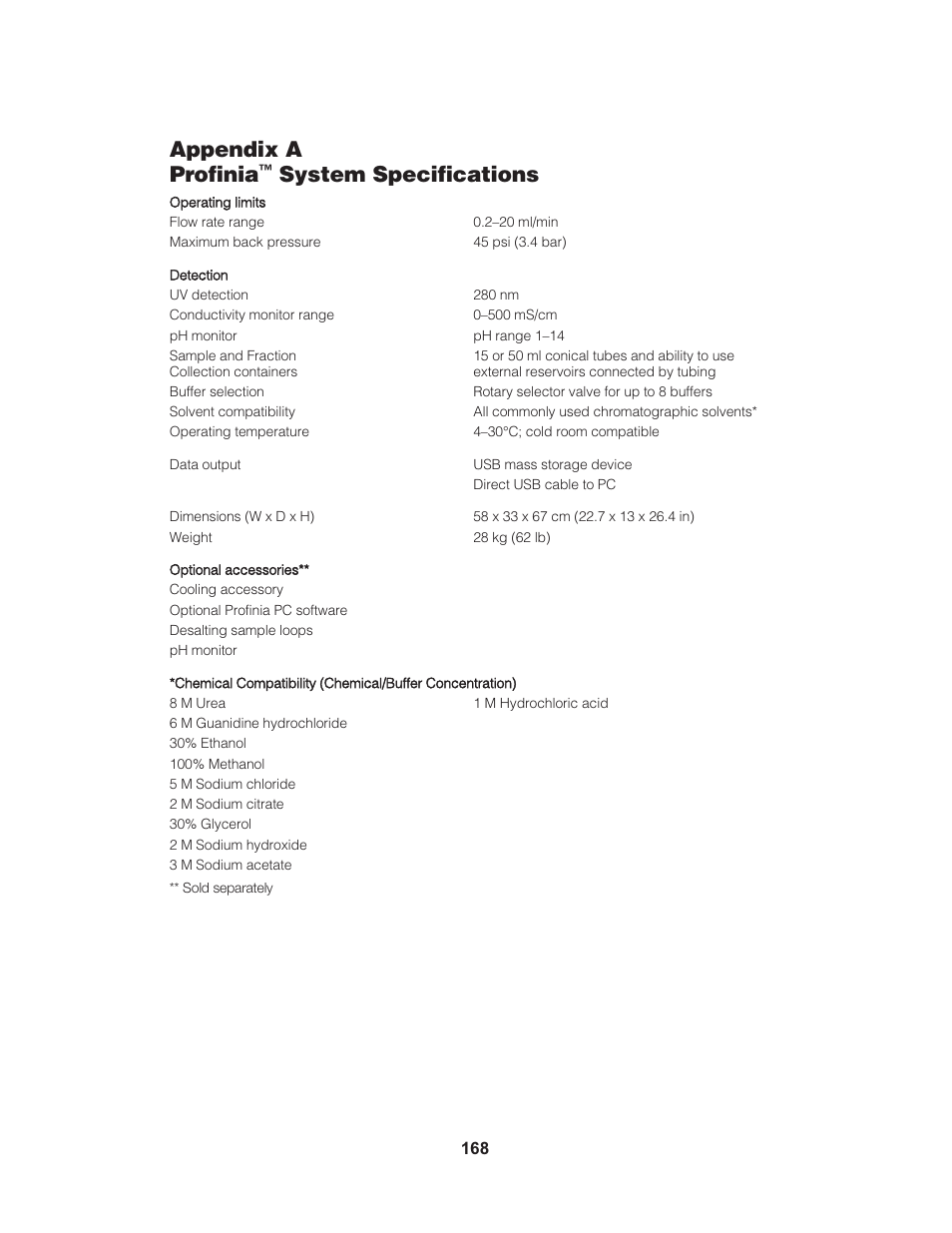 Appendix a profinia, System specifications | Bio-Rad Profinia™ Protein Purification Instrument User Manual | Page 175 / 224