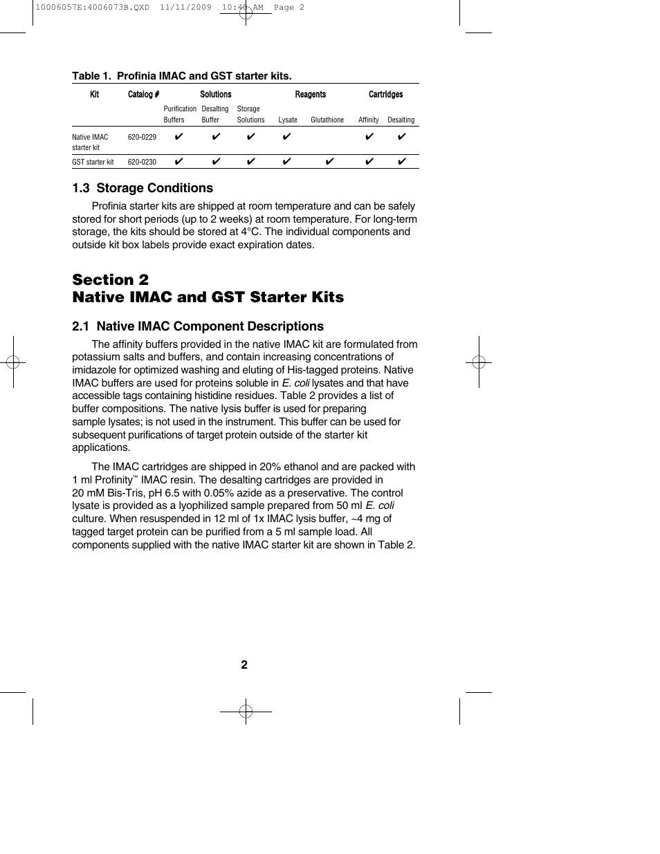 3 storage conditions, 1 native imac component descriptions | Bio-Rad Profinia Protein Purification System Kits User Manual | Page 6 / 24