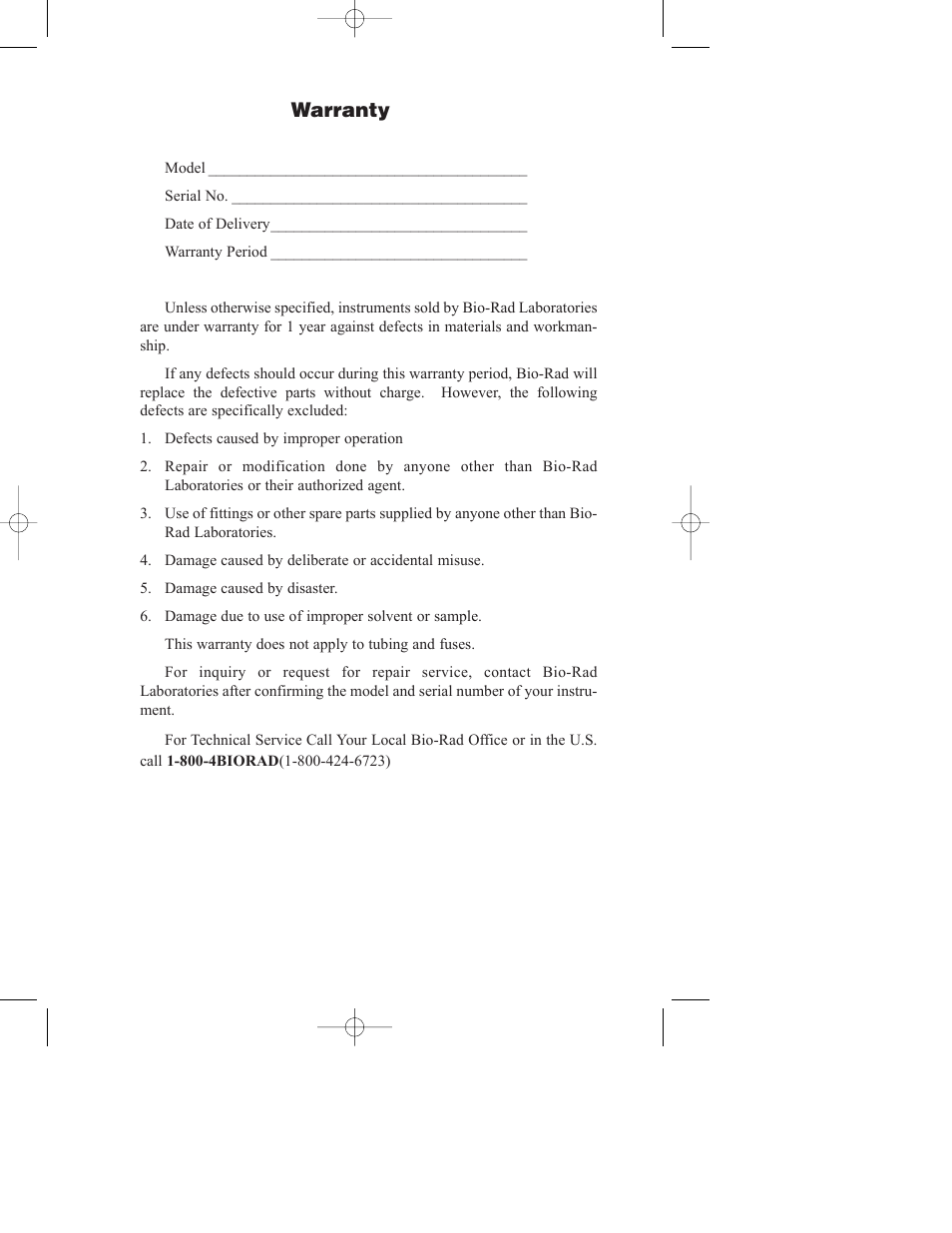 Warranty | Bio-Rad Model 2110 Fraction Collector User Manual | Page 2 / 29