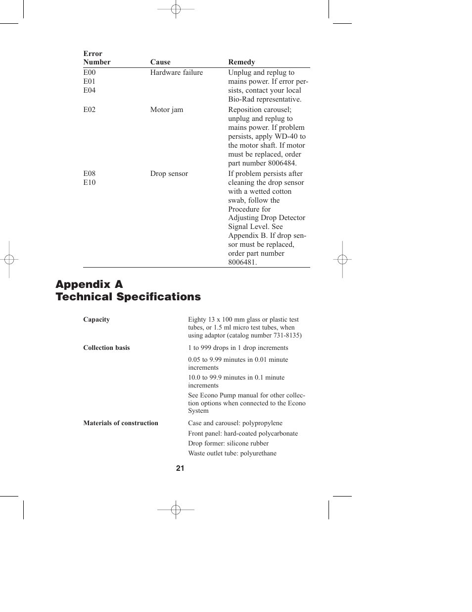 Appendix a technical specifications | Bio-Rad Model 2110 Fraction Collector User Manual | Page 25 / 29