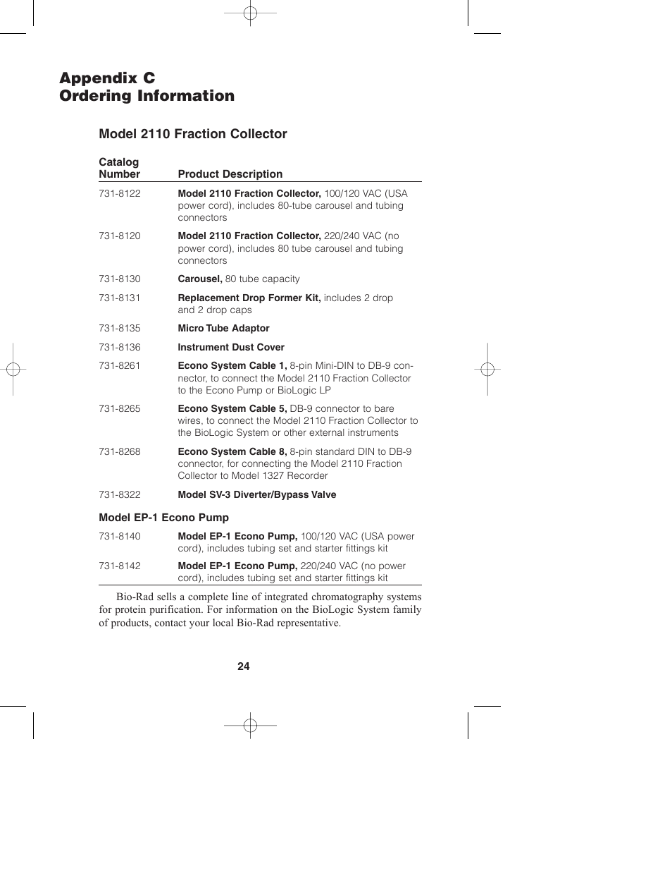 Appendix c ordering information, Model 2110 fraction collector | Bio-Rad Model 2110 Fraction Collector User Manual | Page 28 / 29