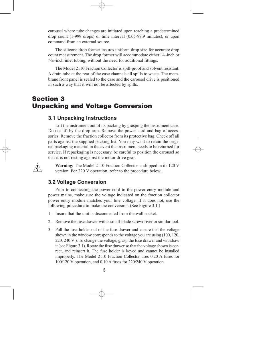 1 unpacking instructions, 2 voltage conversion | Bio-Rad Model 2110 Fraction Collector User Manual | Page 7 / 29