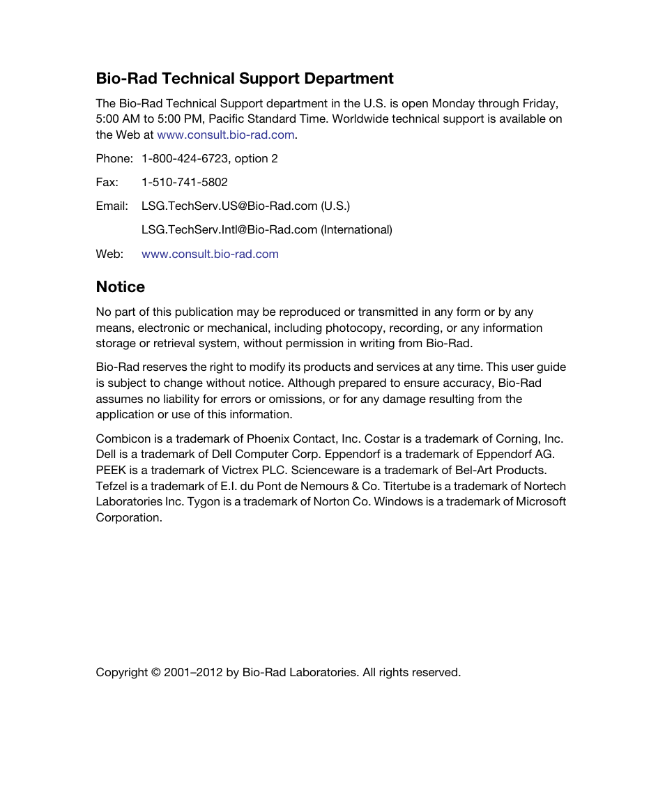 Bio-rad technical support department, Notice | Bio-Rad BioFrac™ Fraction Collector User Manual | Page 4 / 106