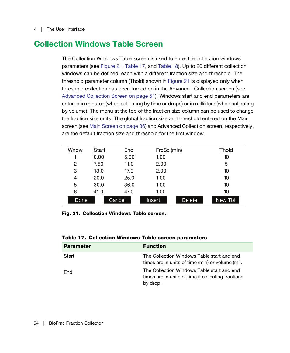 Collection windows table screen, The collection windows table screen (see, Collection windows table screen on | Bio-Rad BioFrac™ Fraction Collector User Manual | Page 62 / 106