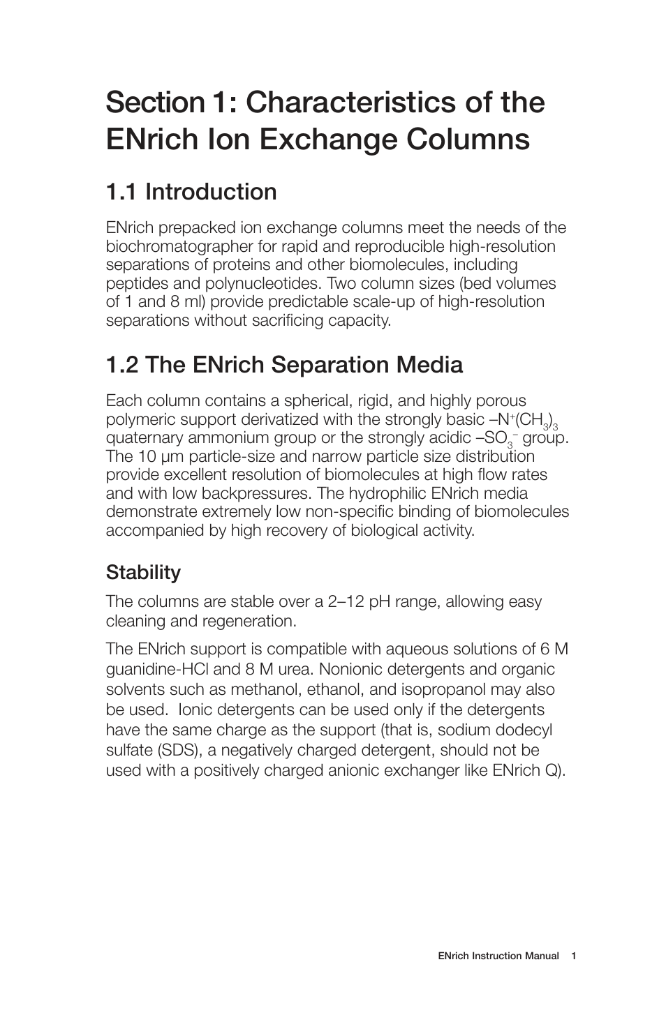 1 introduction, 2 the enrich separation media, Stability | Bio-Rad ENrich™ High-Resolution Ion Exchange Columns User Manual | Page 5 / 20