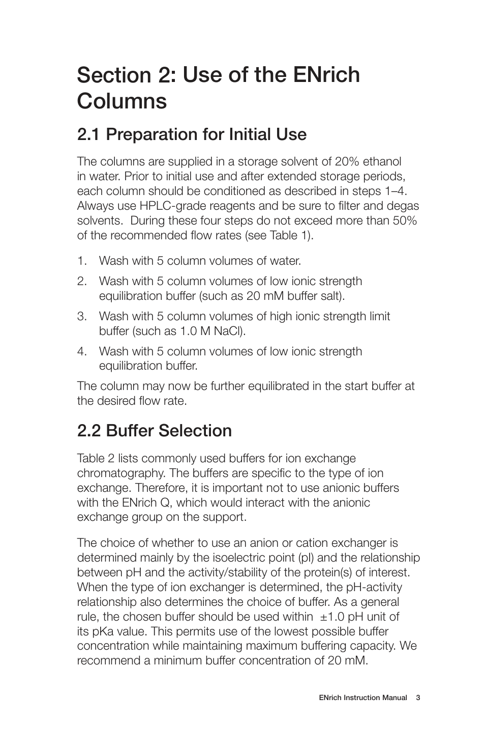 1 preparation for initial use, 2 buffer selection | Bio-Rad ENrich™ High-Resolution Ion Exchange Columns User Manual | Page 7 / 20