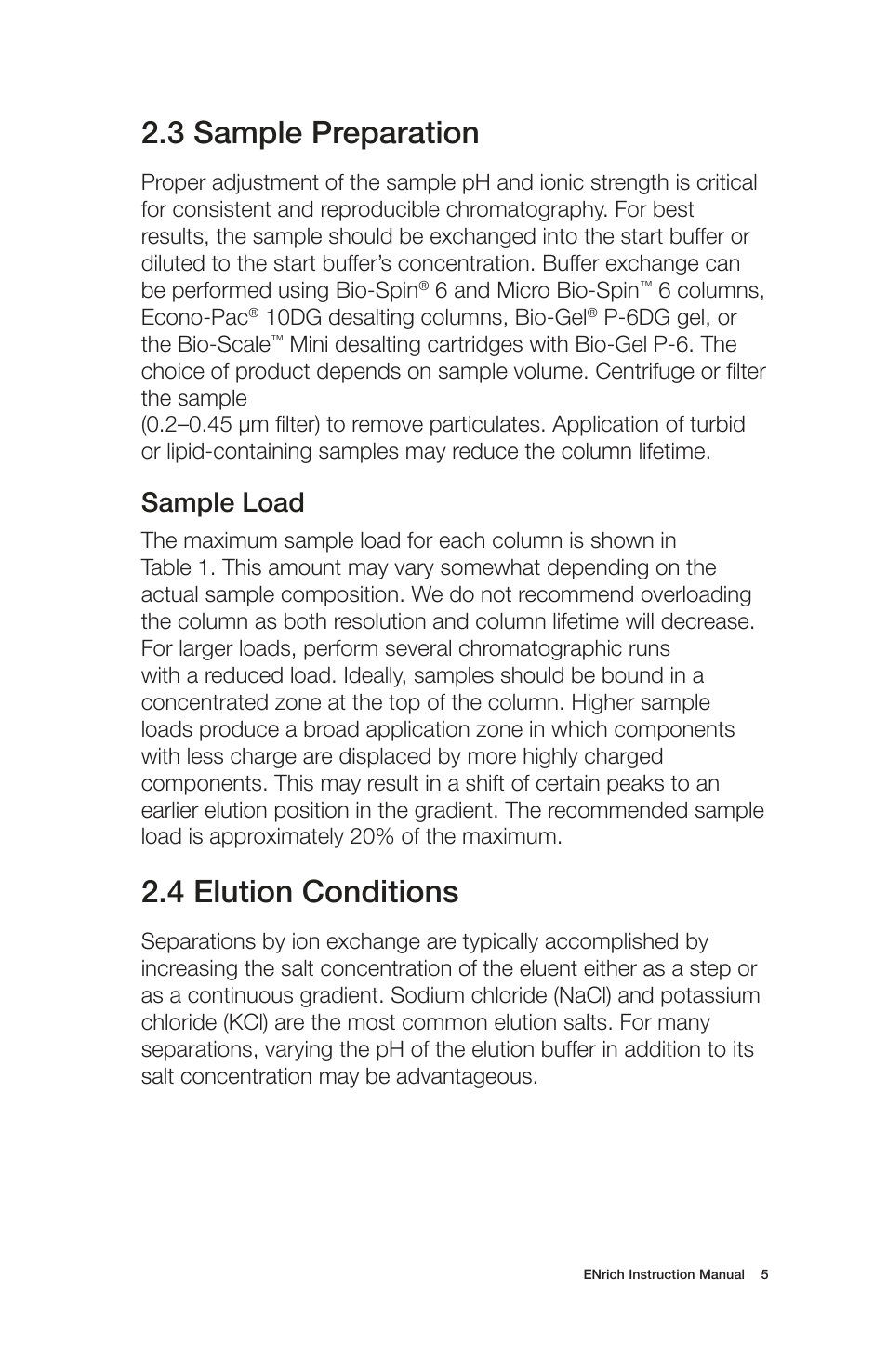 3 sample preparation, 4 elution conditions, Sample load | Bio-Rad ENrich™ High-Resolution Ion Exchange Columns User Manual | Page 9 / 20