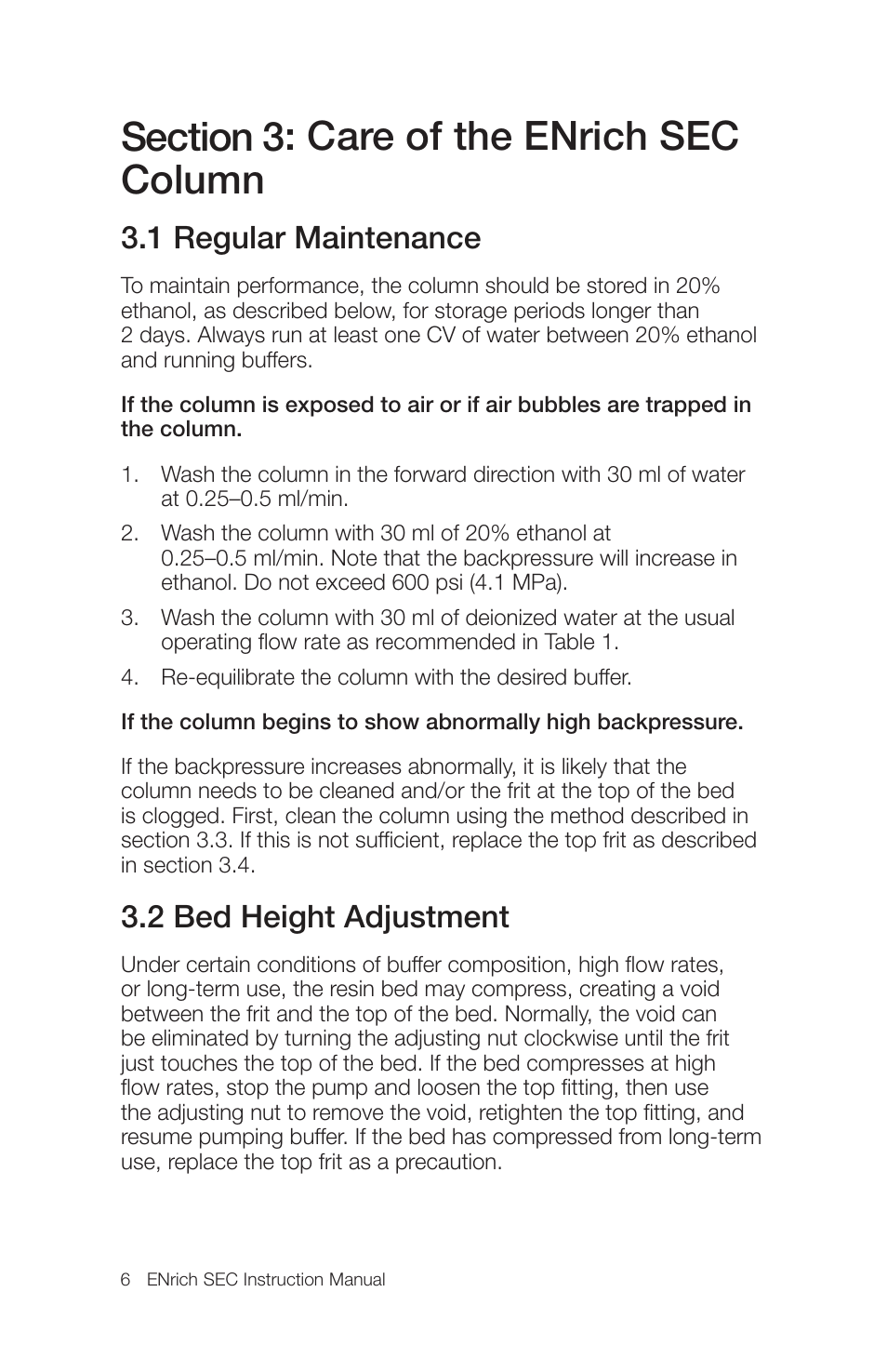 1 regular maintenance, 2 bed height adjustment | Bio-Rad ENrich™ High-Resolution Size Exclusion Columns User Manual | Page 10 / 16