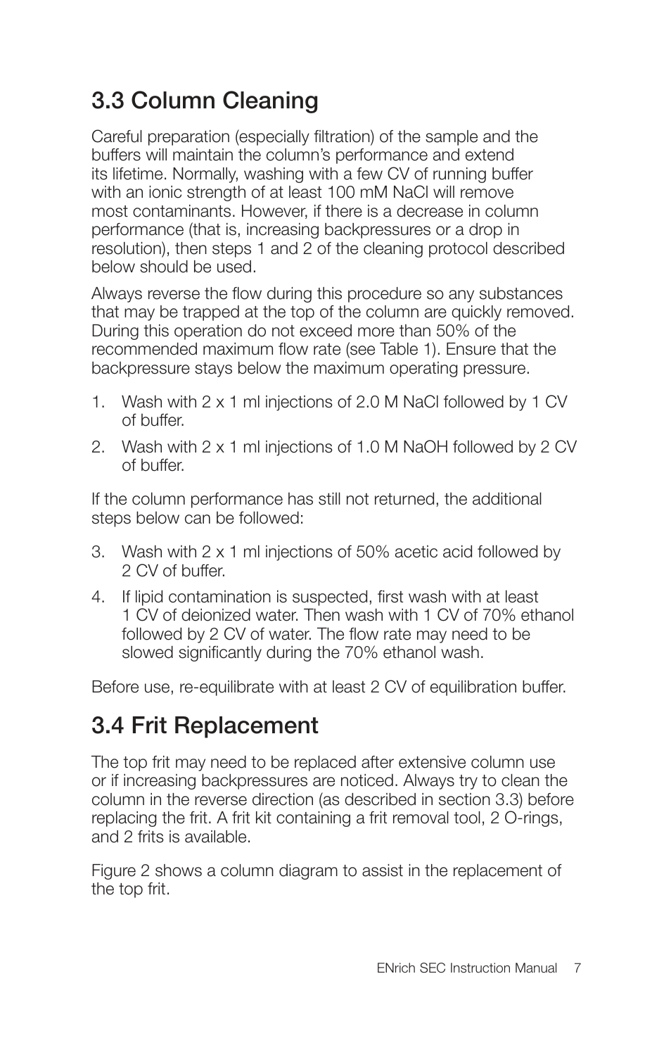 3 column cleaning, 4 frit replacement | Bio-Rad ENrich™ High-Resolution Size Exclusion Columns User Manual | Page 11 / 16