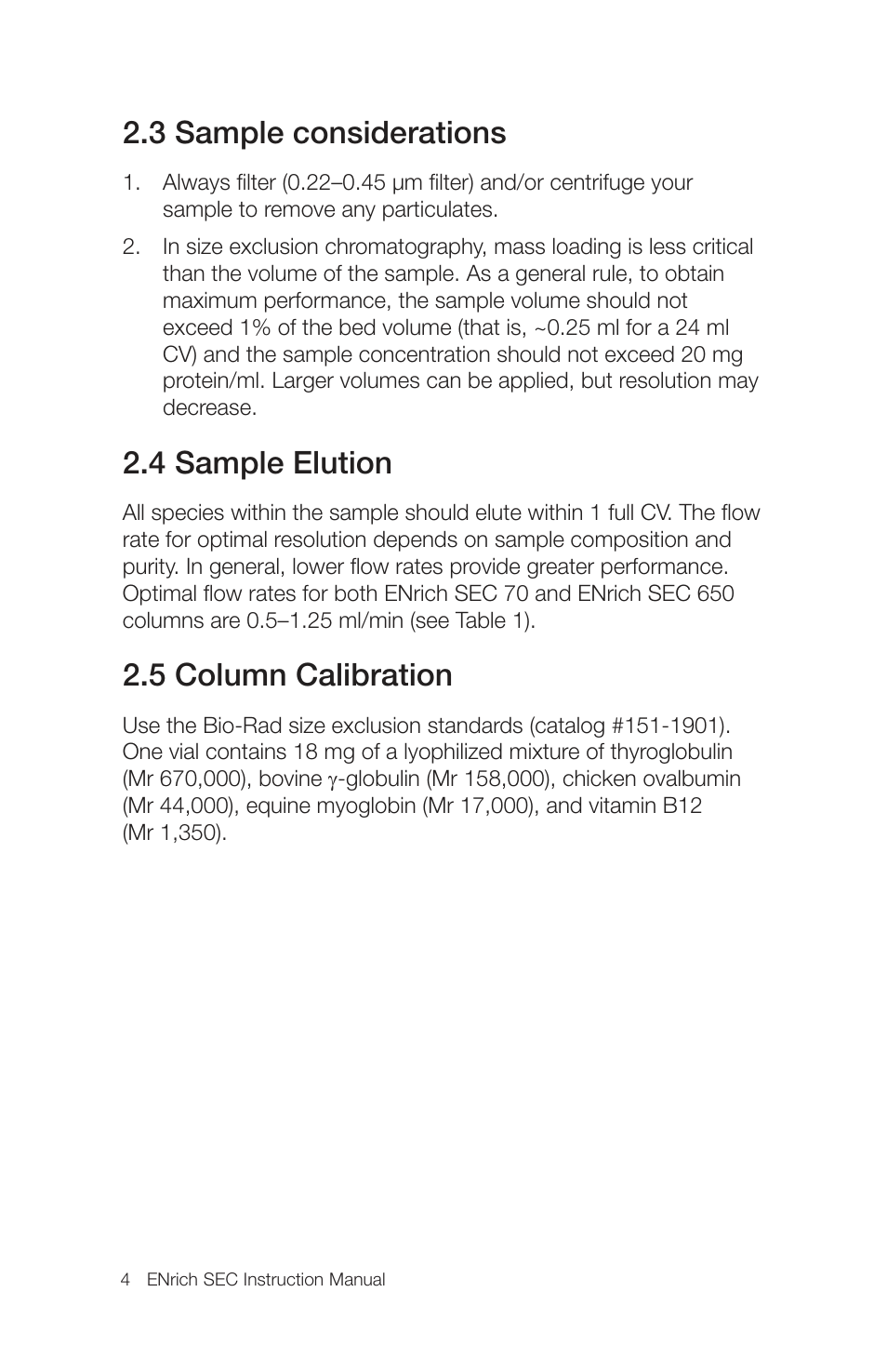 3 sample considerations, 4 sample elution, 5 column calibration | Bio-Rad ENrich™ High-Resolution Size Exclusion Columns User Manual | Page 8 / 16